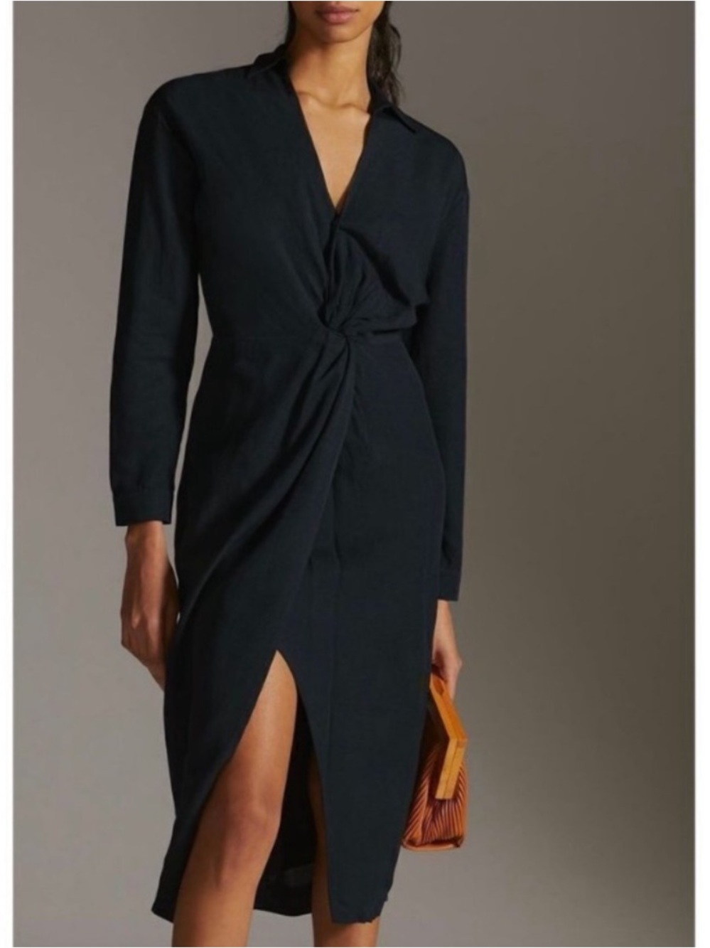 New By Anthropologie V-Neck Knot Front Midi Dress Black
